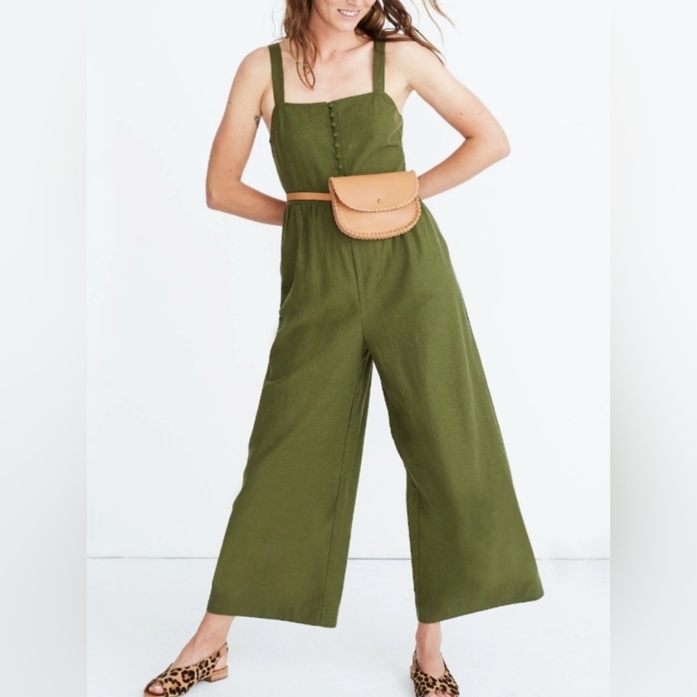 Madewell Button Down Wide Leg Jumpsuit Linen - Olive Green - Size 2